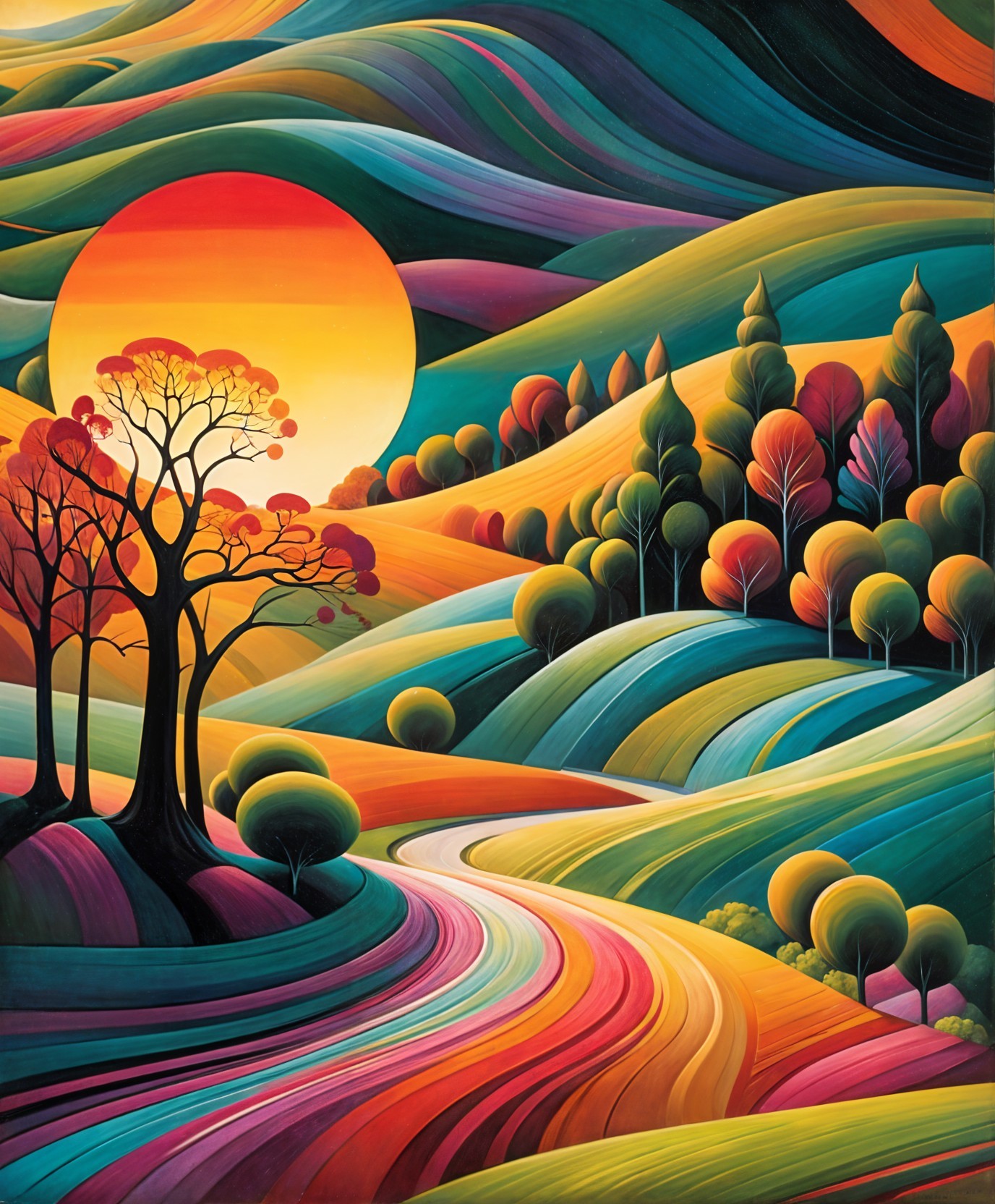 Vibrant Abstract Landscape with Colorful Hills and Sun
