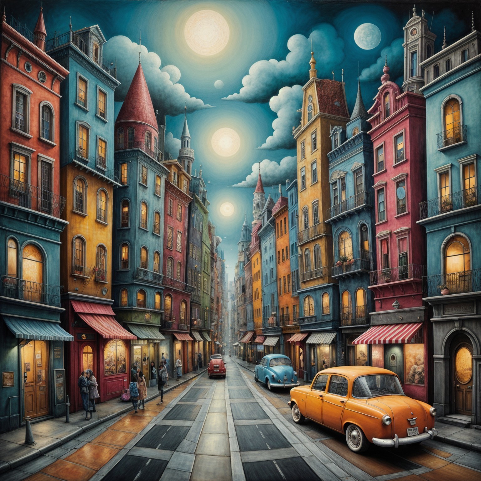 Whimsical Street Scene with Colorful Buildings and Moons
