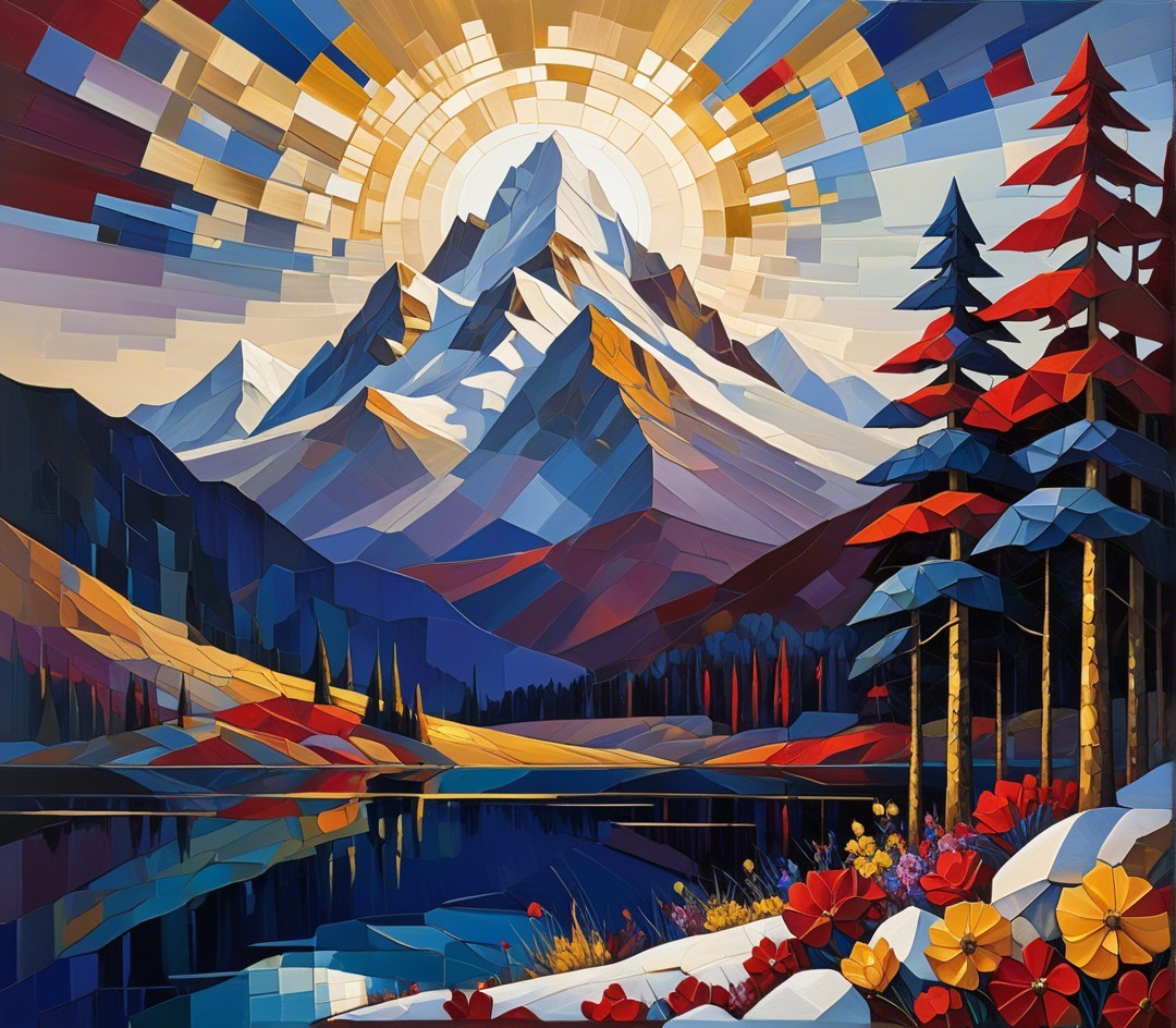 Vibrant Geometric Landscape with Majestic Mountain