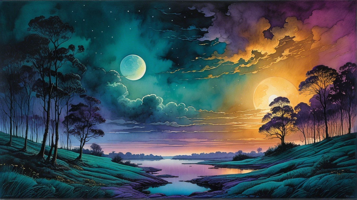 Twilight Landscape with River and Celestial Bodies