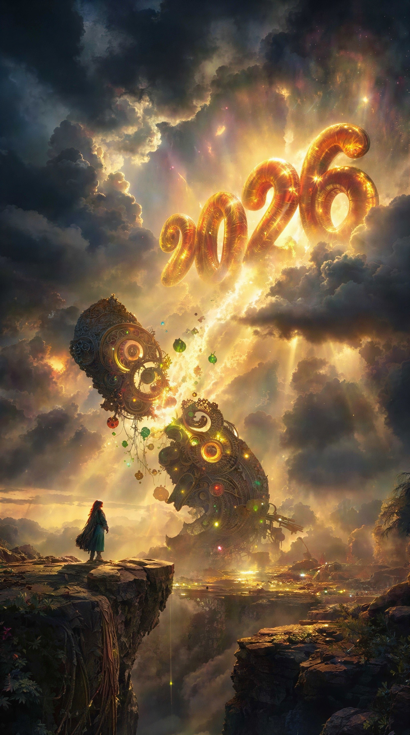 Dark Fantasy Artwork of Girl on Cliff with Sculpture