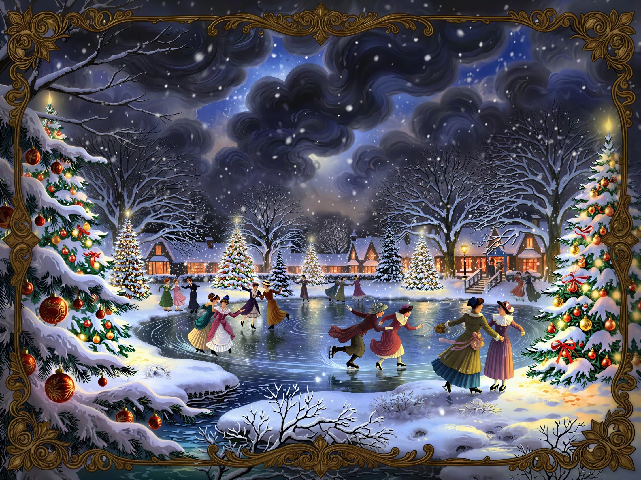 Winter Wonderland Painting with Ice Skating Scene