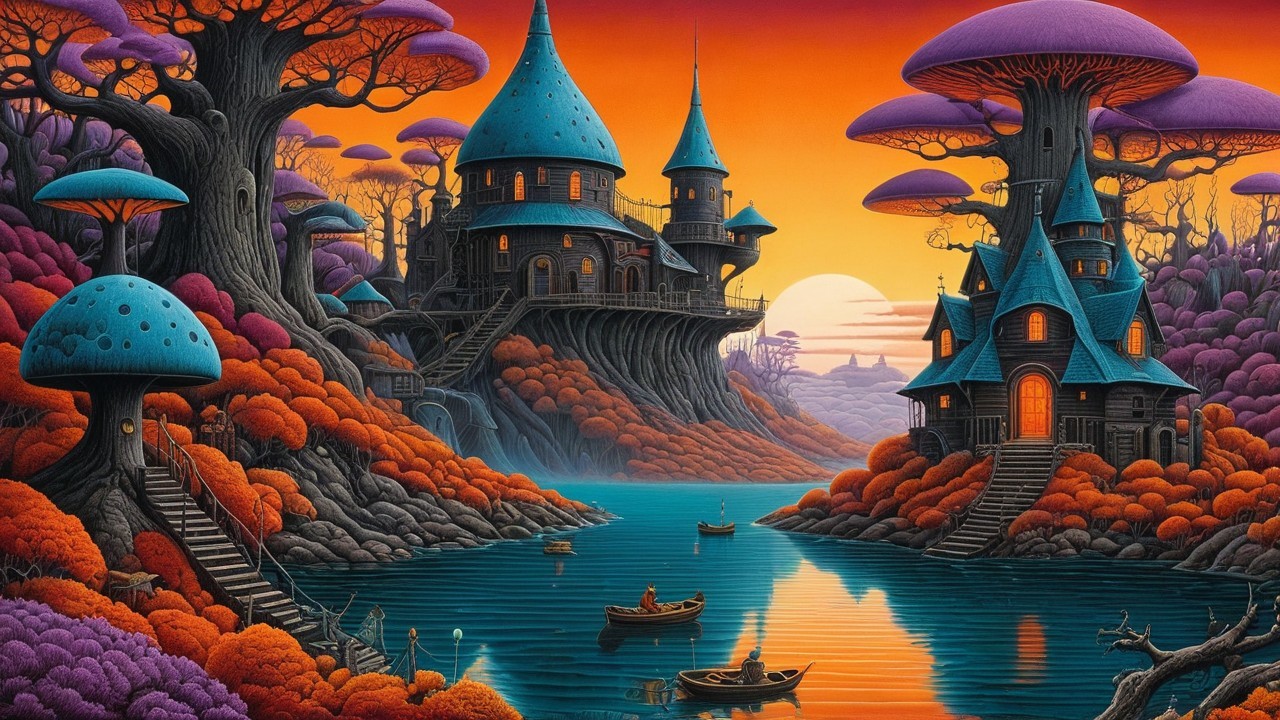 Whimsical Landscape with Enchanting Houses and Mushrooms