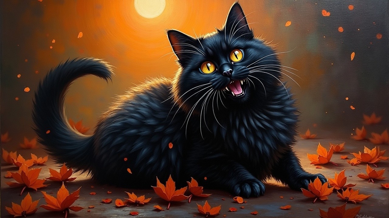 Fluffy Black Cat Among Vibrant Autumn Leaves at Sunset
