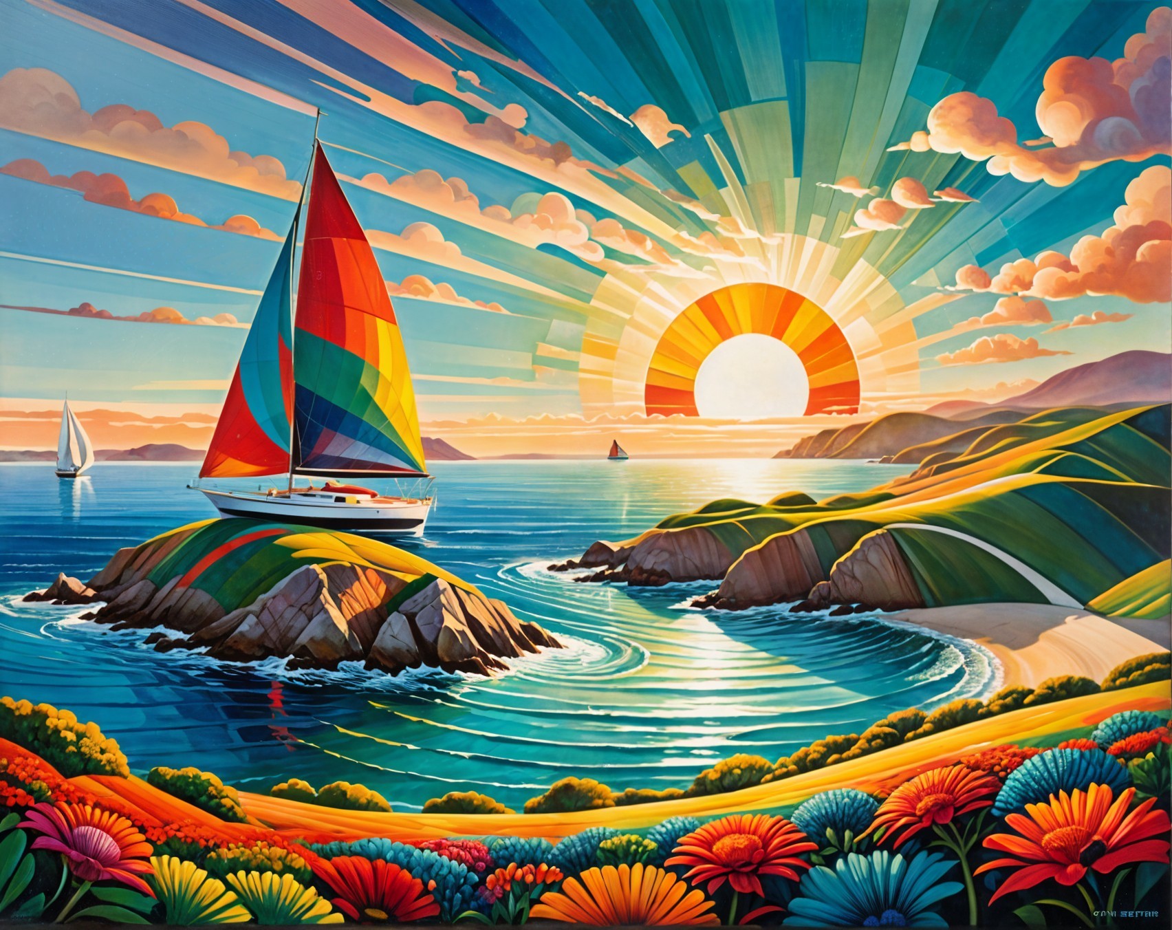 Vibrant Seascape with Sailboat and Colorful Hills