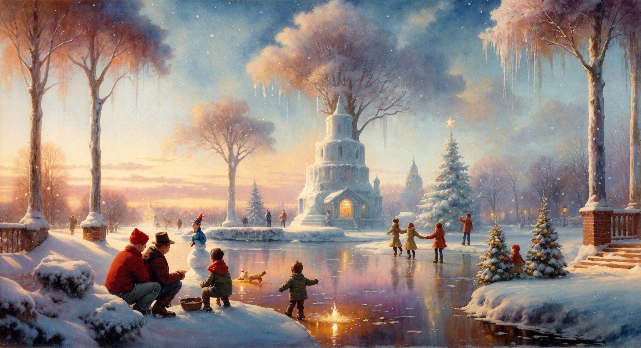 Winter Scene with Families Ice Skating and Snowy Landscape