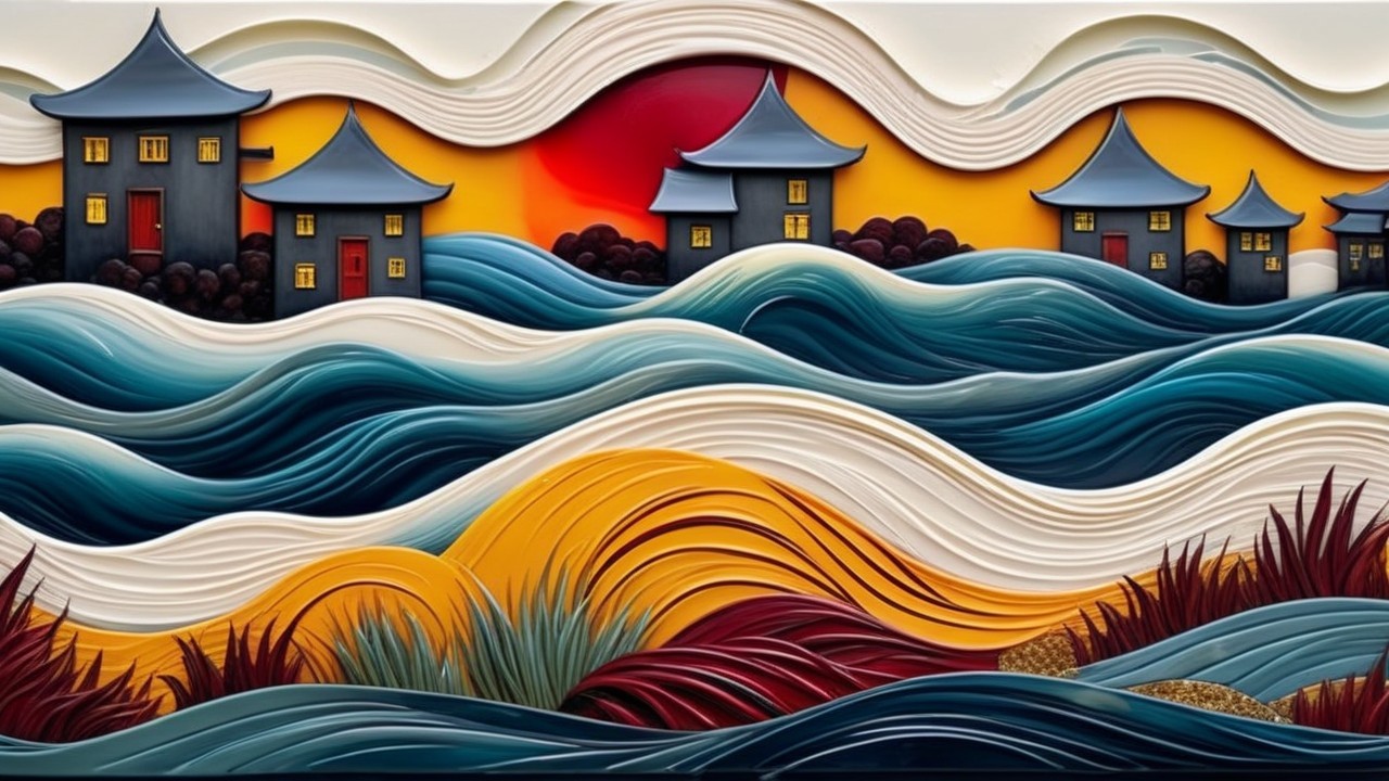 Vibrant Landscape with Waves and Traditional Houses