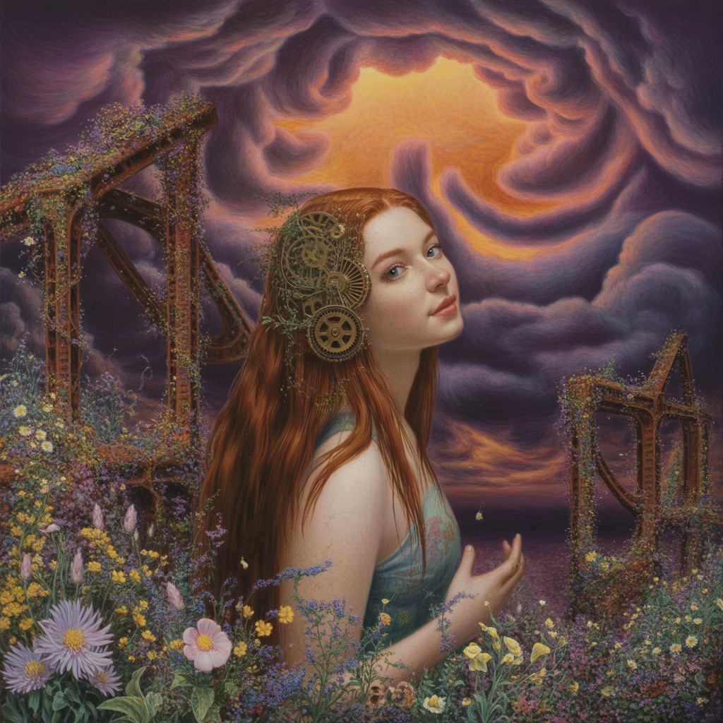 Young Woman Surrounded by Flowers and Gears