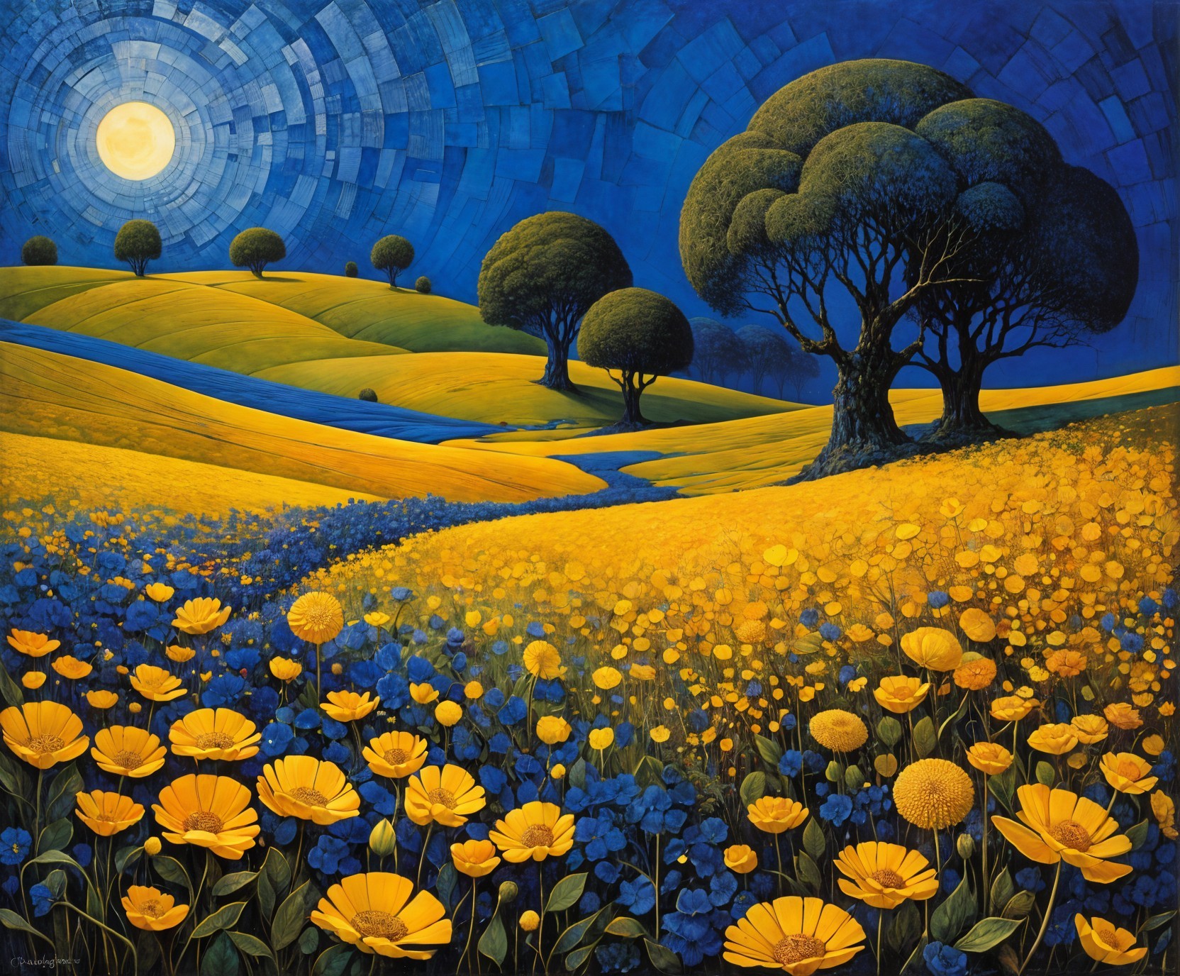 Vibrant Landscape with Rolling Hills and Moonlight