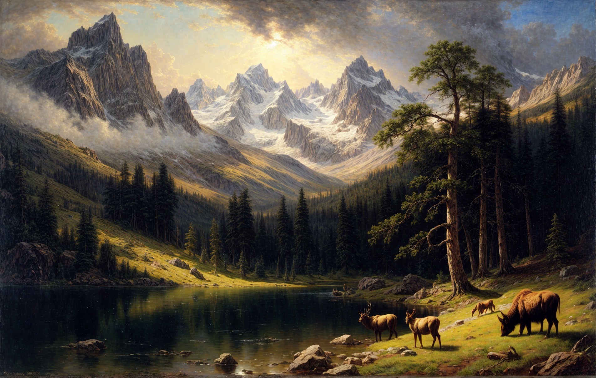 Serene Mountain Landscape with Lake and Grazing Cows