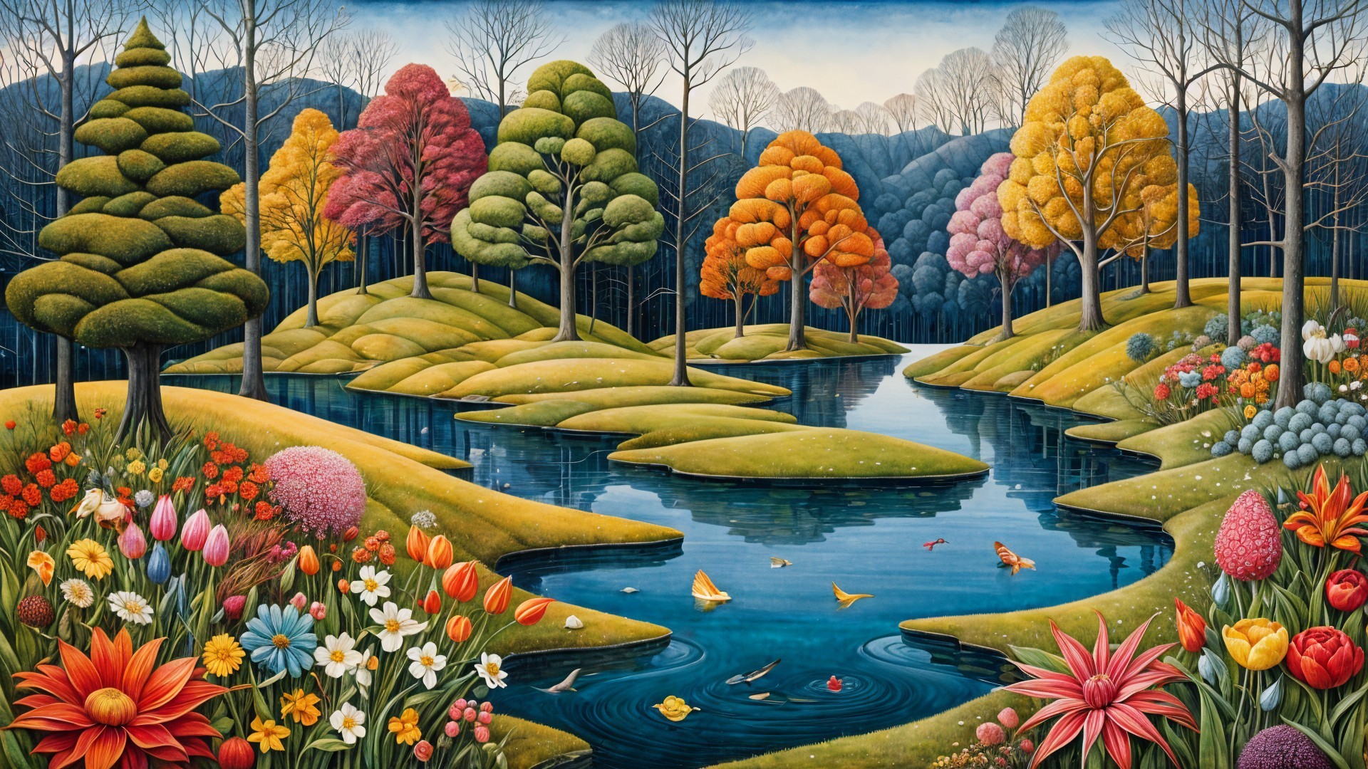 Vibrant Landscape with Colorful Trees and River