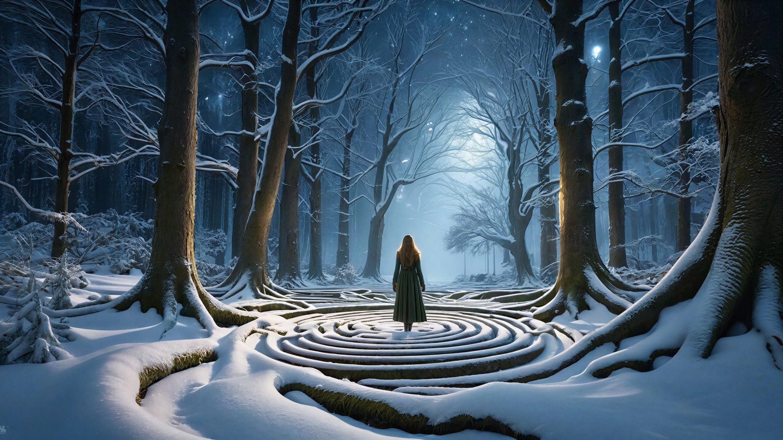 Woman in Dark Olive Dress in Snowy Forest Setting