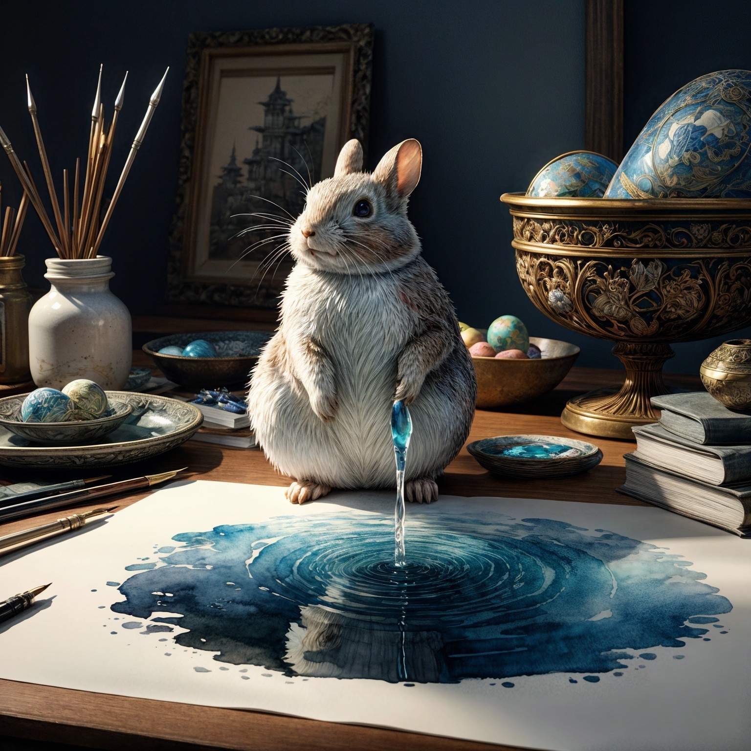 Fluffy Rabbit Painting Watercolor Masterpiece on Table