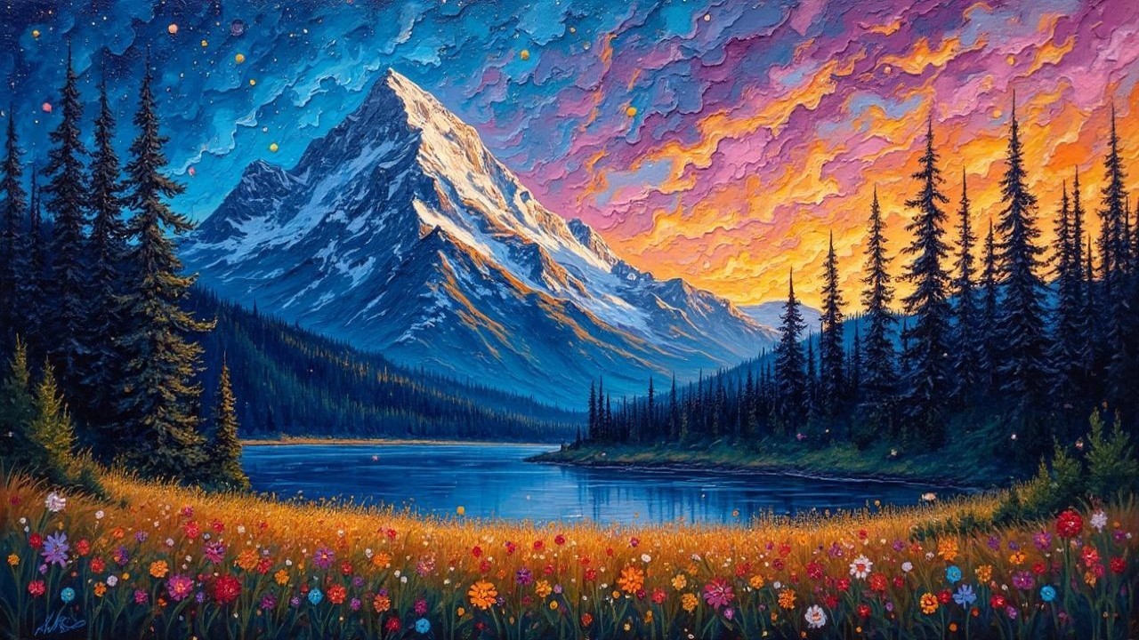 Vibrant Landscape with Mountain and Serene Lake