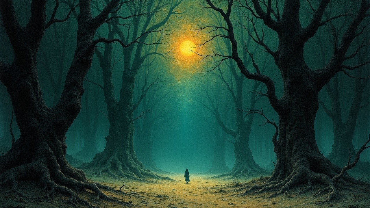 Mystical Forest with Gnarled Trees and Ethereal Light