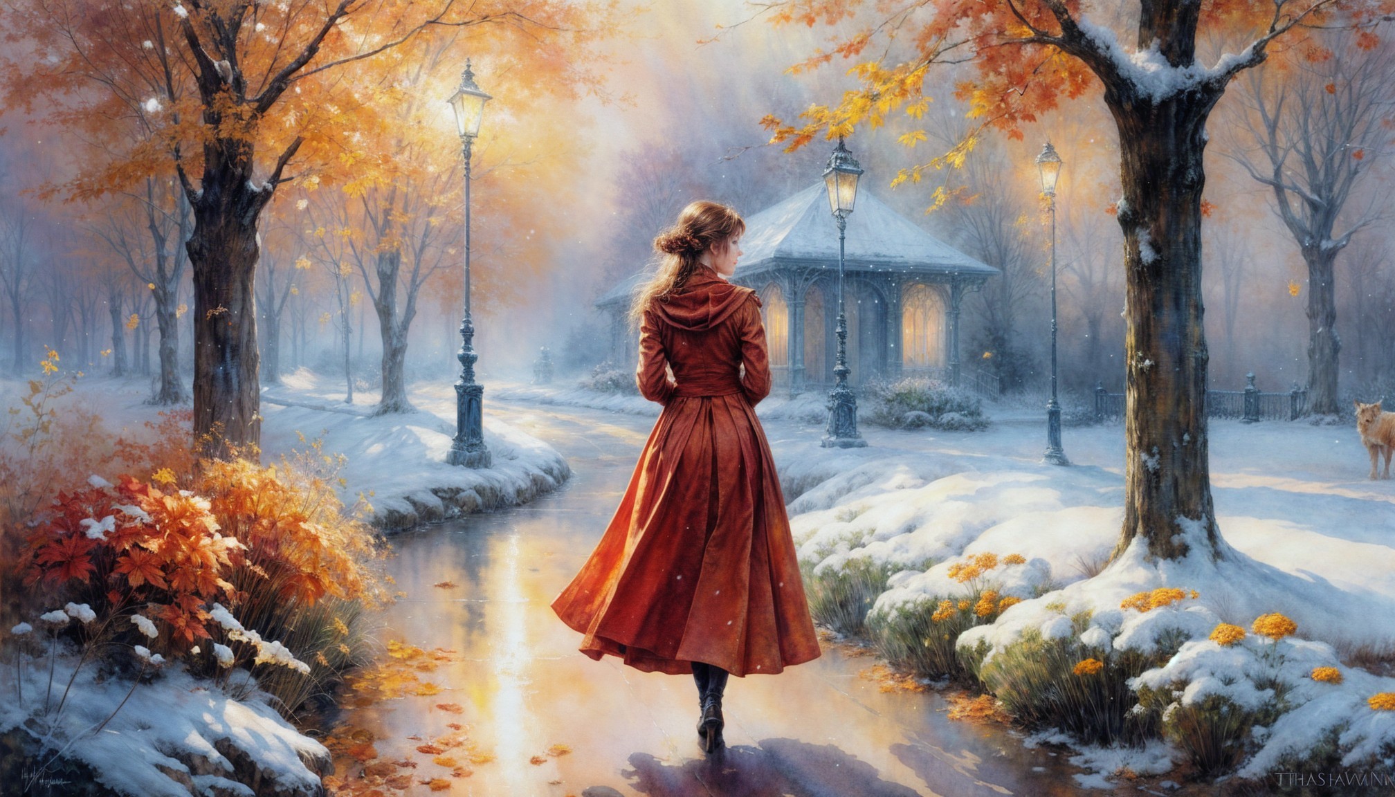 Woman in red coat on snow-dusted autumn path