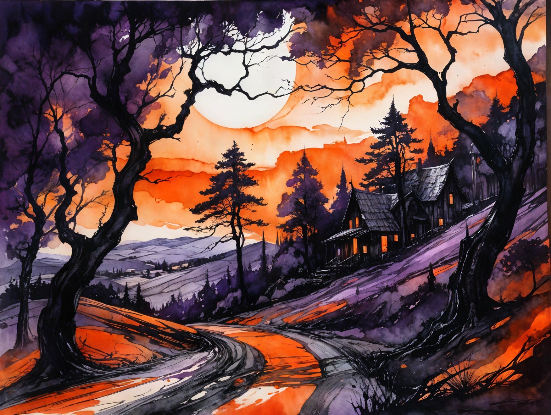 Whimsical Landscape with Cabin and Glowing Moon