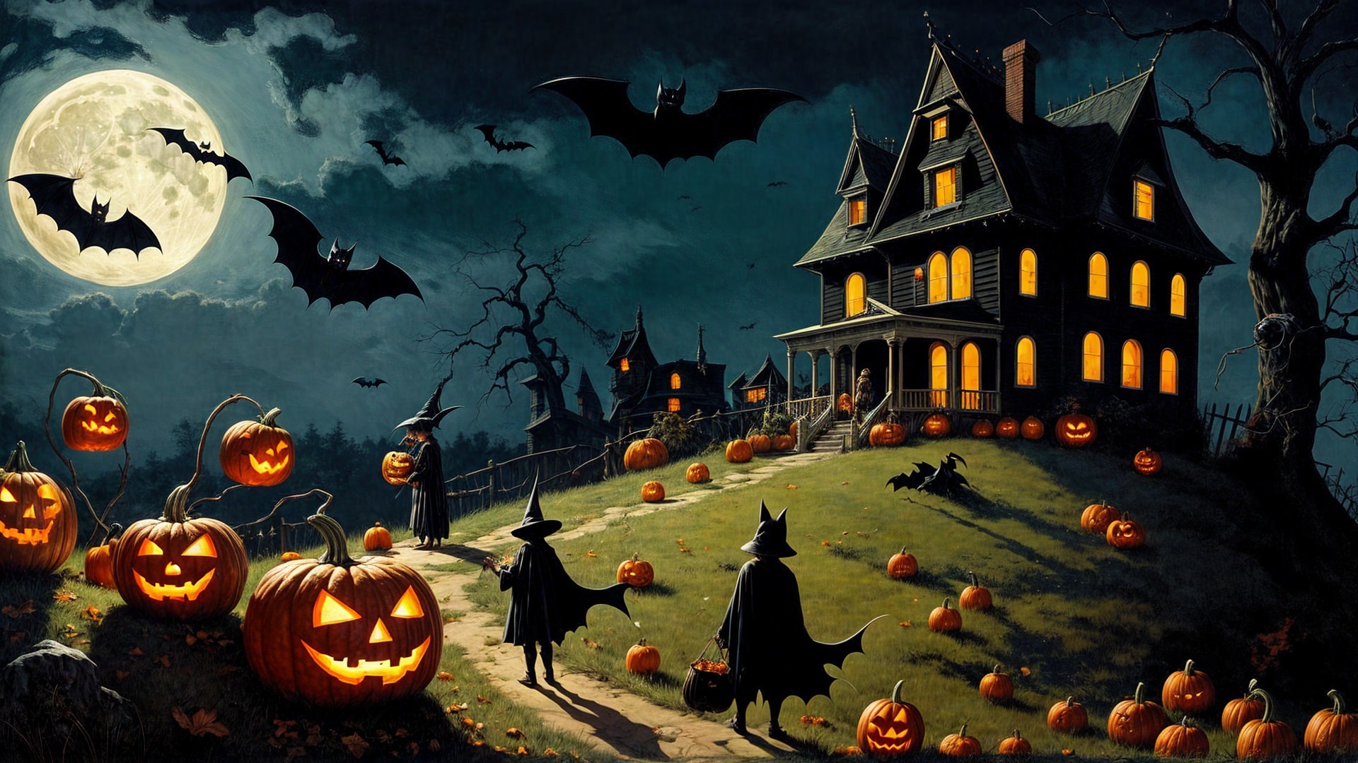 Spooky Halloween Scene with Mansion and Witches