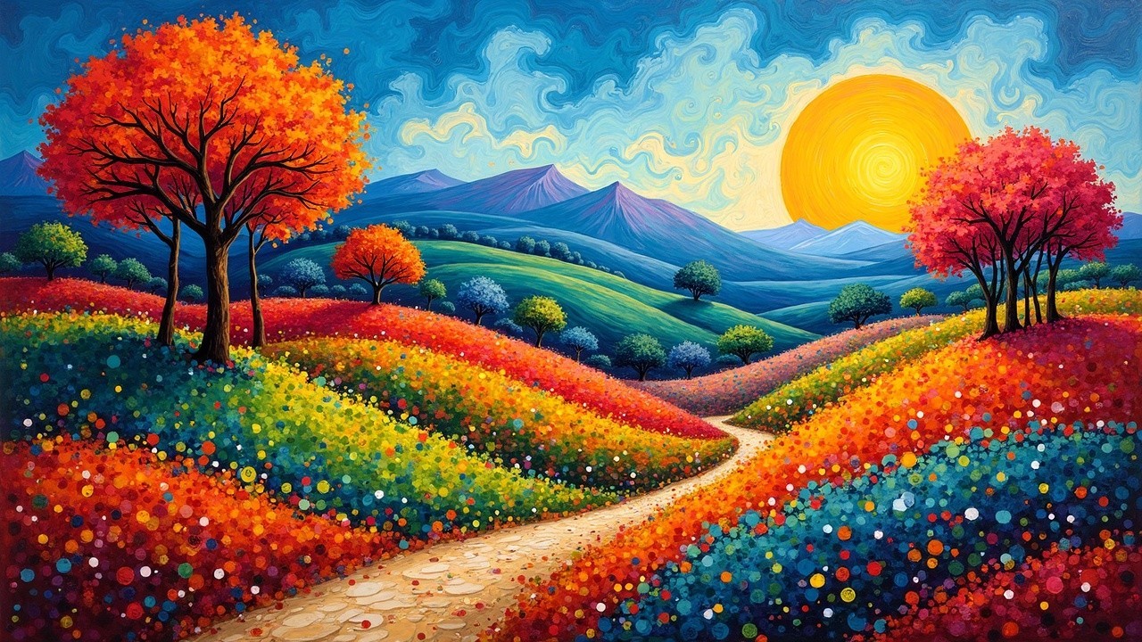 Vibrant Landscape with Colorful Fields and Mountains