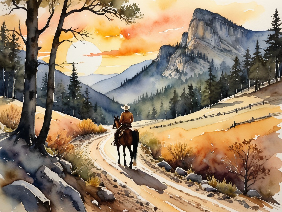 Lone Rider on Horseback in Serene Watercolor Landscape