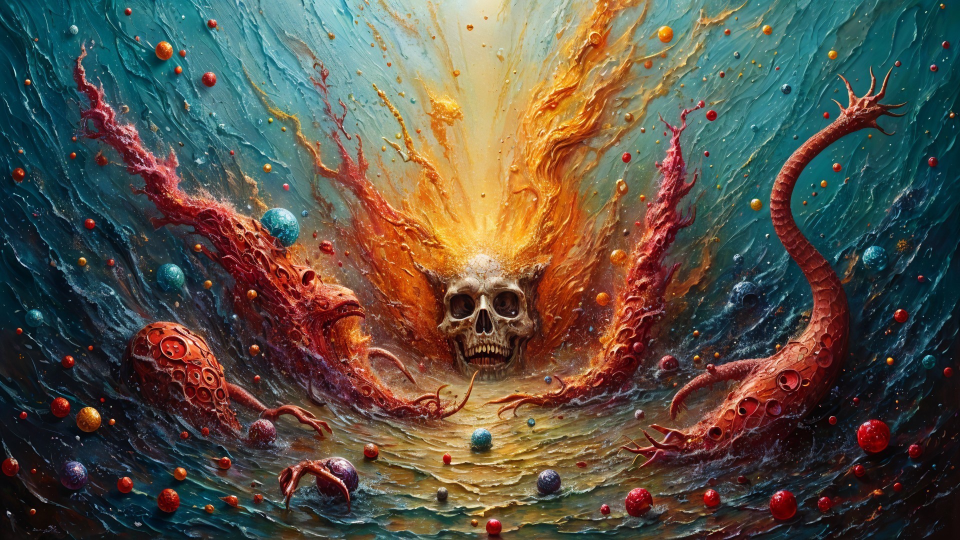 Surreal Artwork of Skull Surrounded by Flames and Creatures