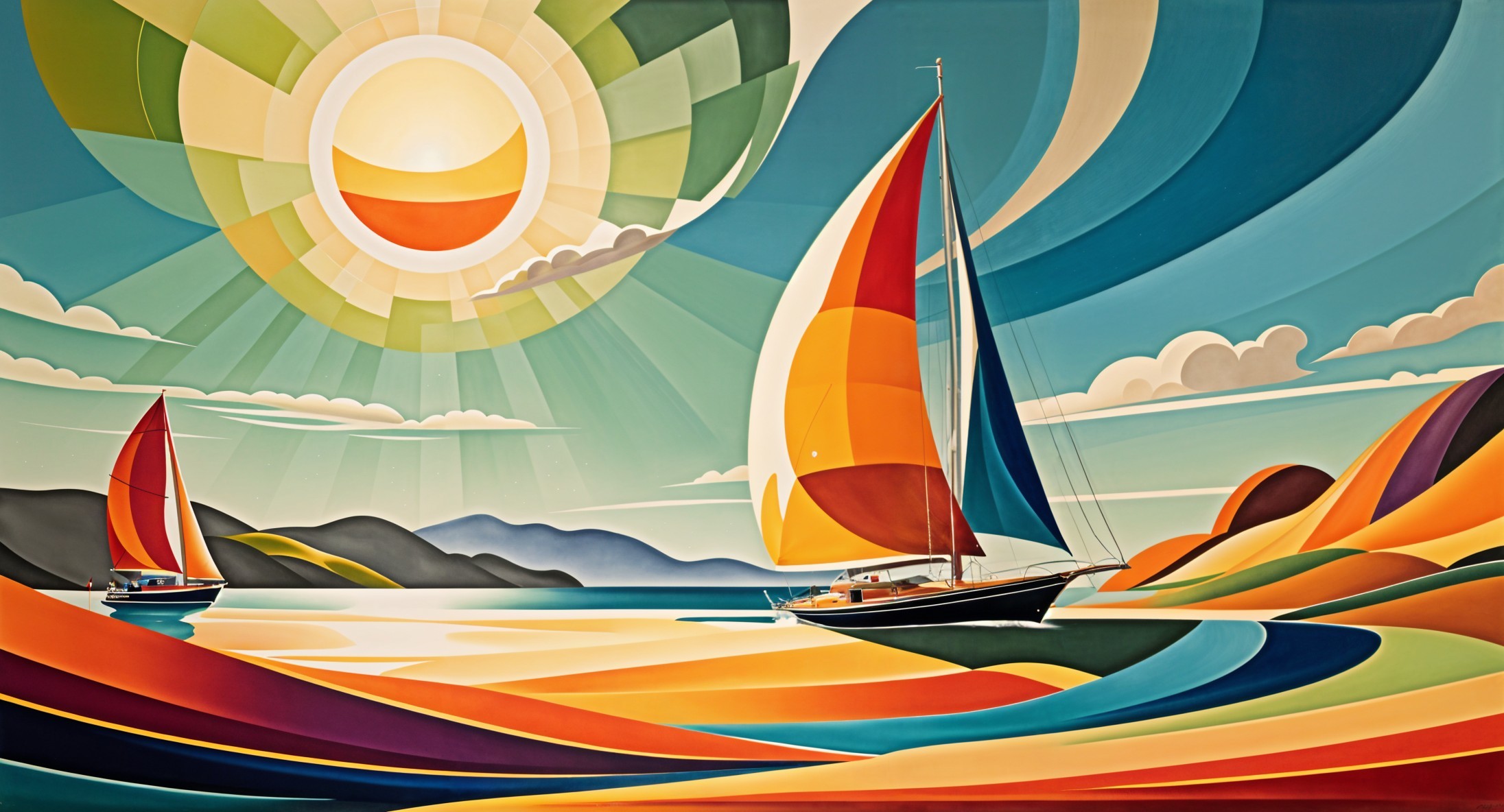 Abstract Art of Sailboats on a Colorful Sea