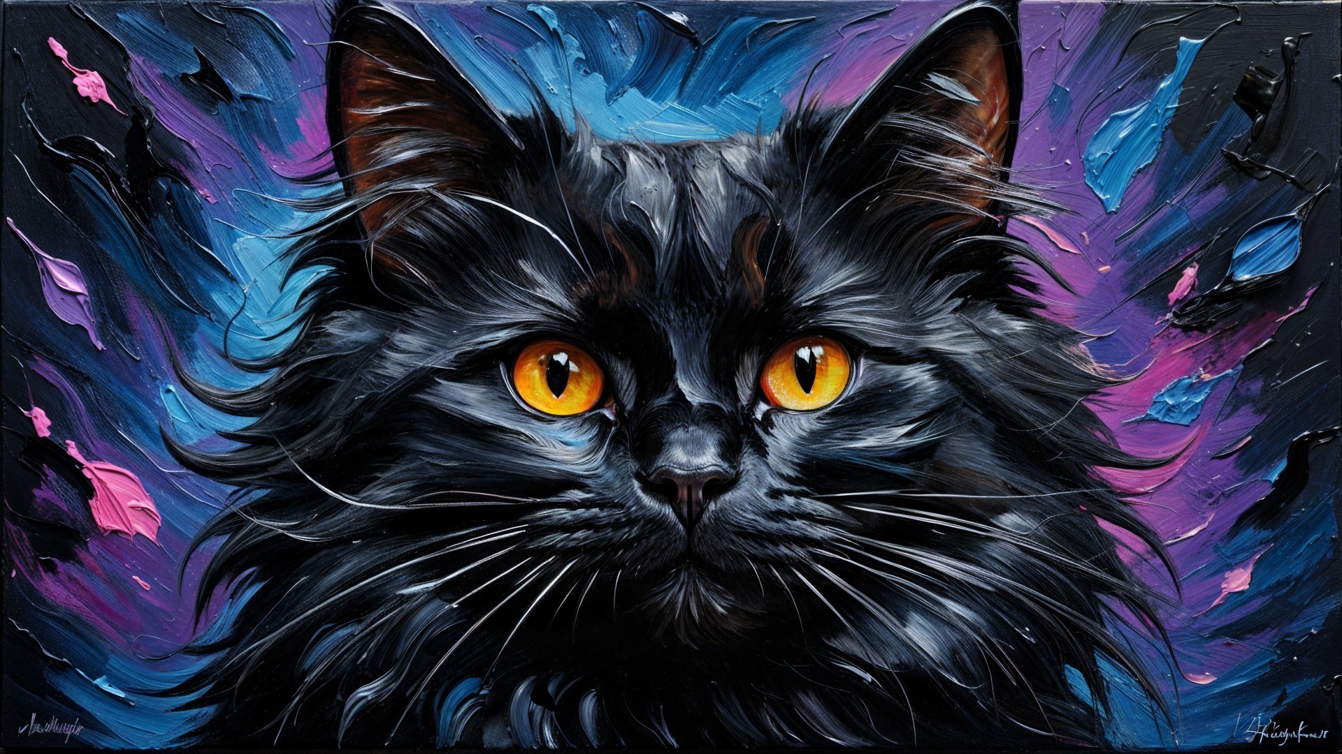 Portrait of a black cat with orange eyes on abstract background