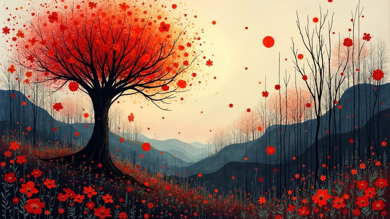 Vibrant landscape with a red tree and blossoming flowers