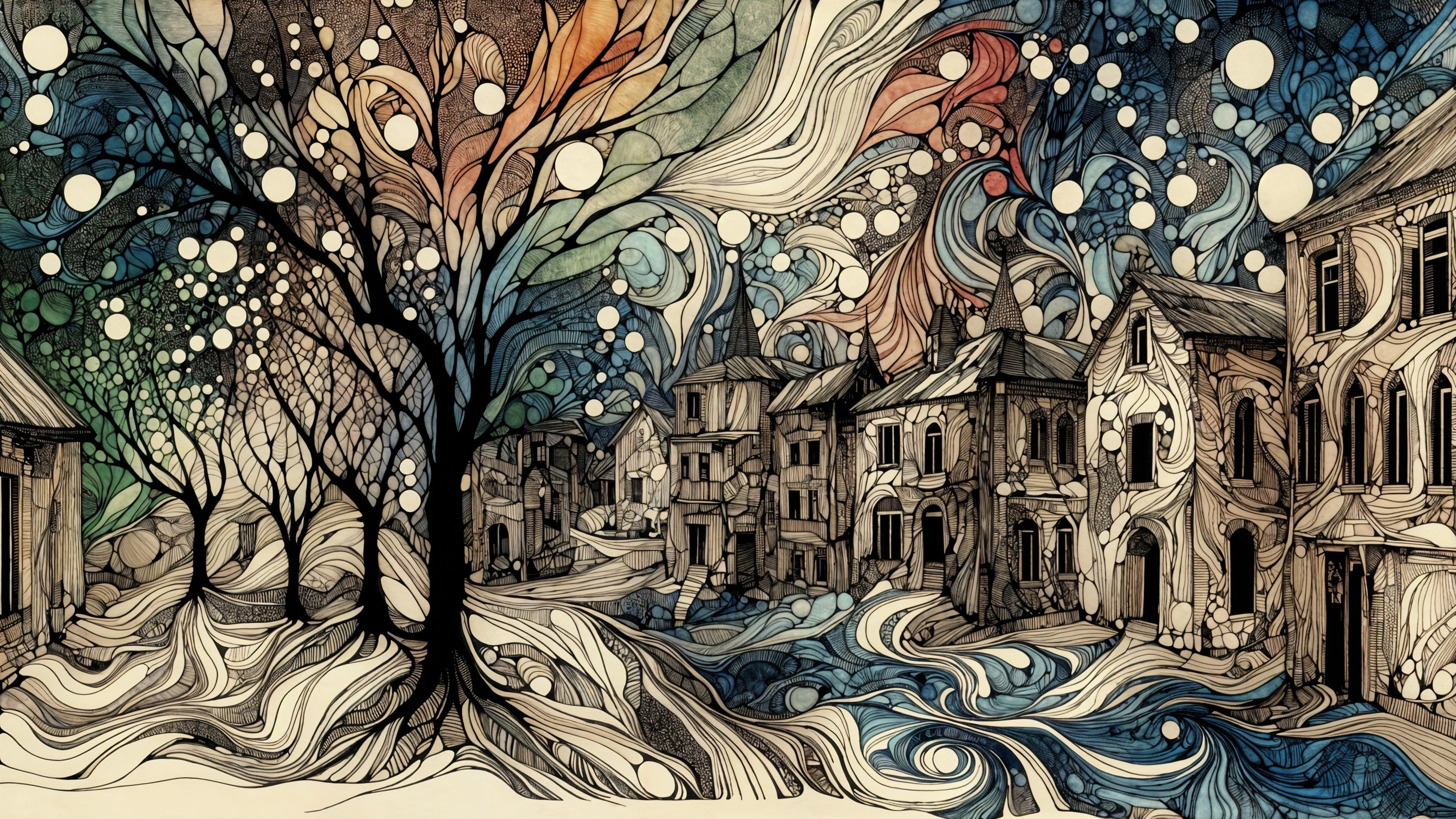 Surreal Landscape with Whimsical Tree and Village