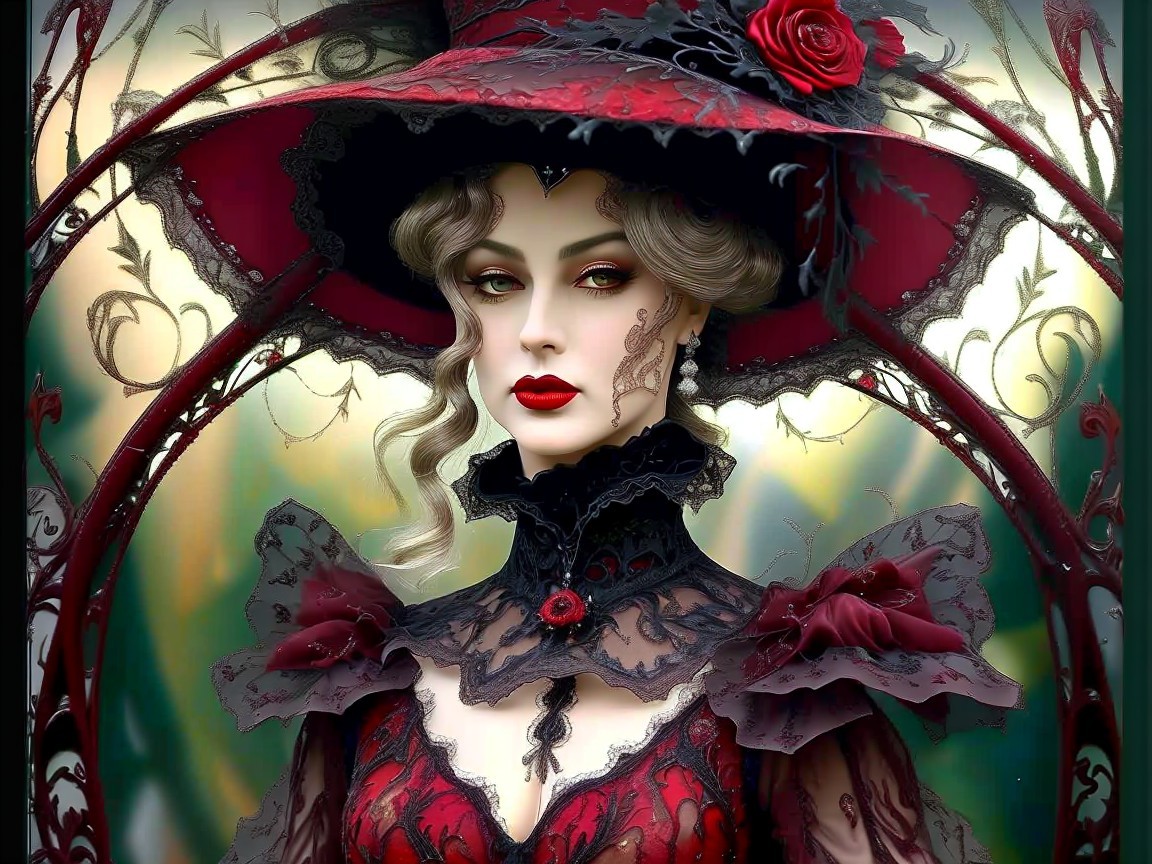 Mysterious Woman in Red and Black Outfit with Hat