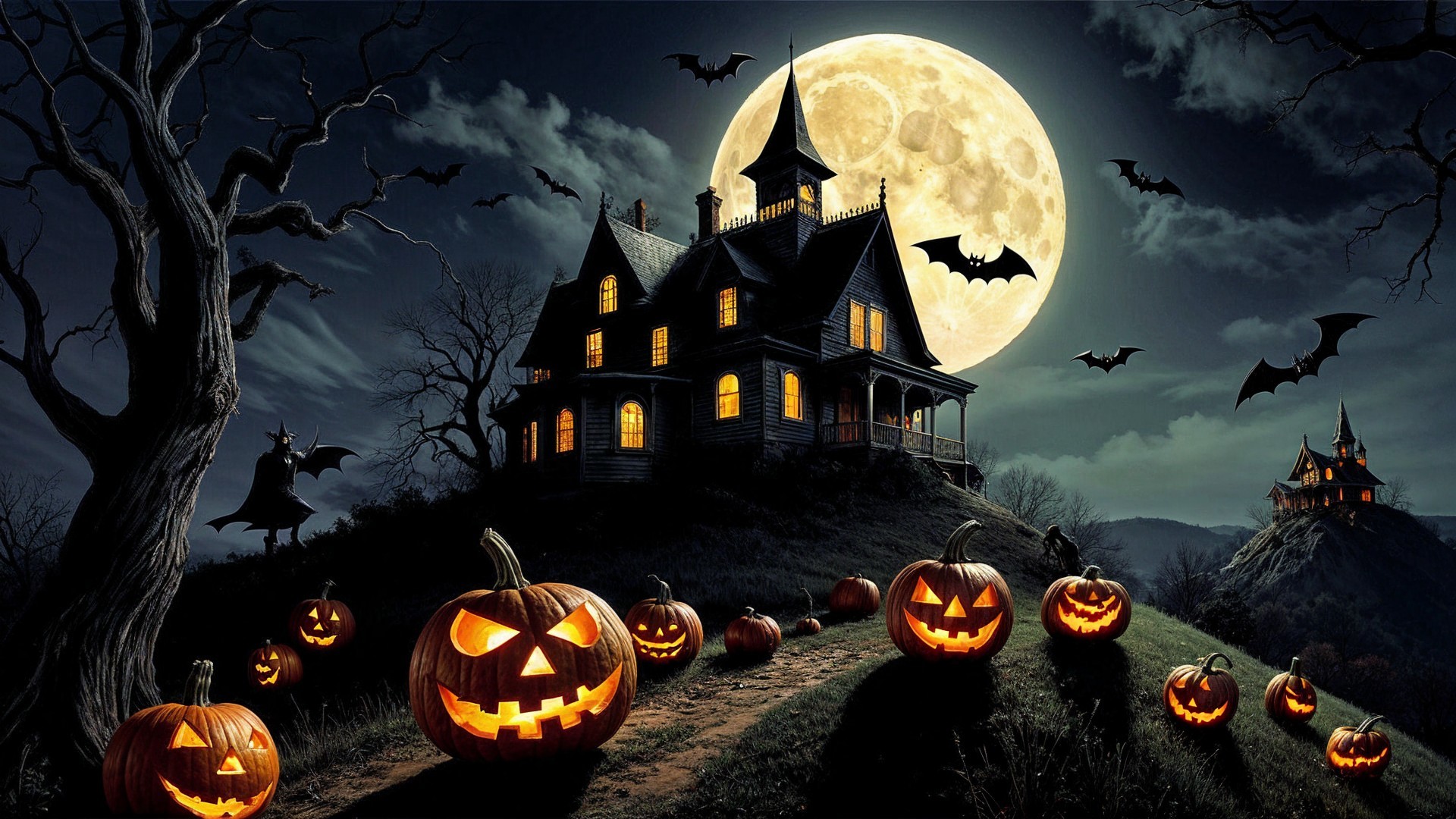 Haunted House Landscape with Full Moon and Jack-o'-Lanterns