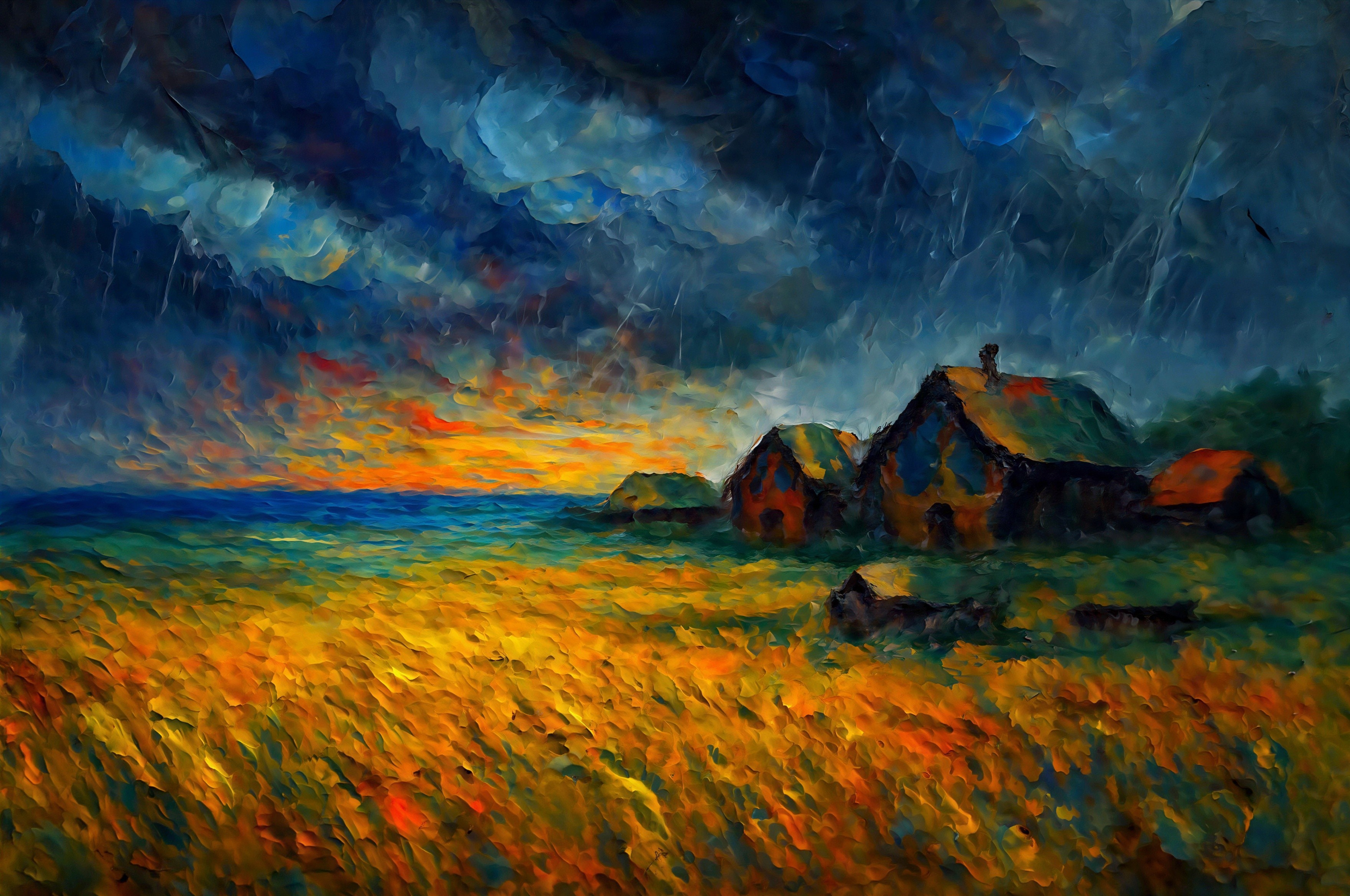 Coastal Town Oil Painting at Sunset During a Storm