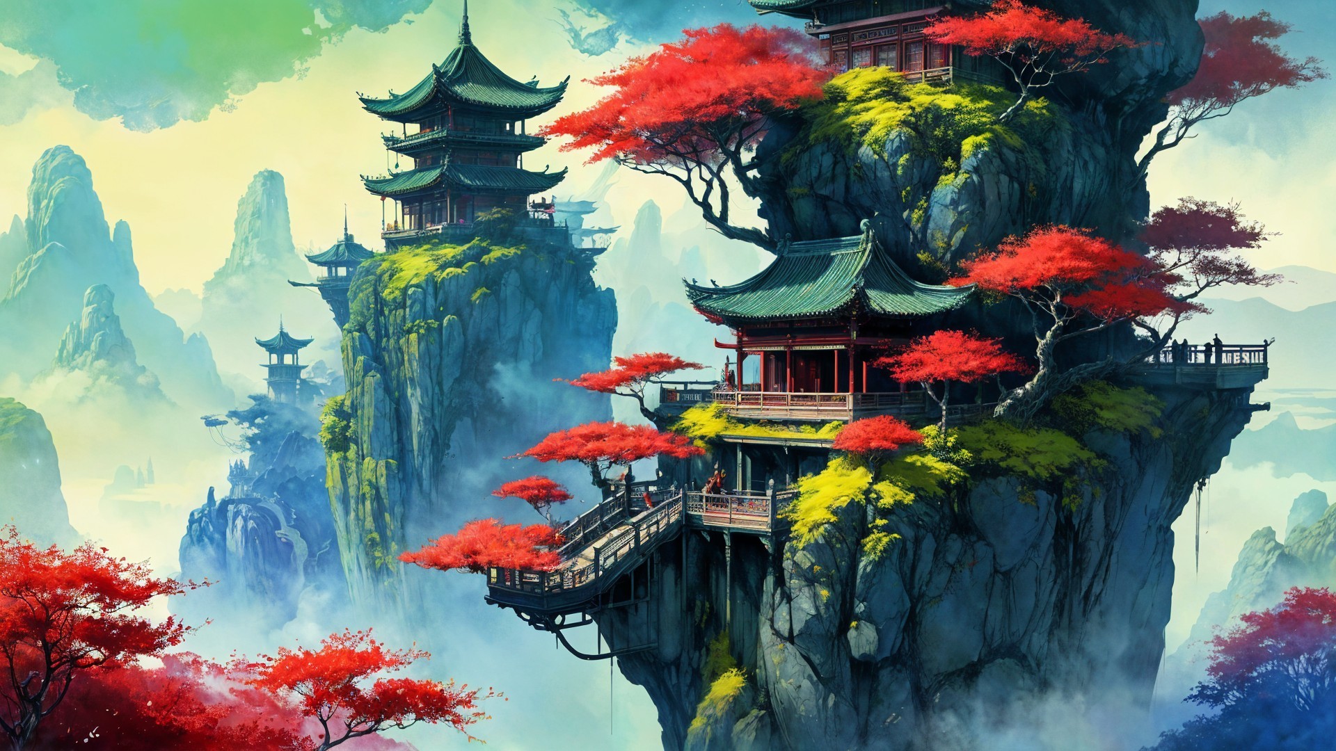Serene Landscape with Mountains and Vibrant Foliage