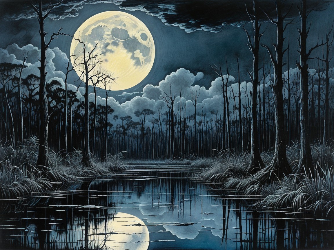 Moonlit Night Over a Reflective Pond and Trees