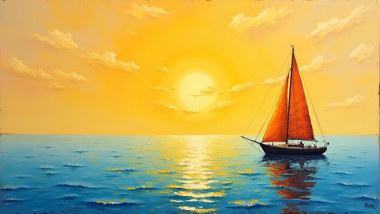 Vibrant Sunset Over Calm Waters with Sailboat