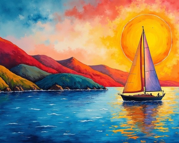 Vibrant Sunset Over Tranquil Waterway with Sailboat