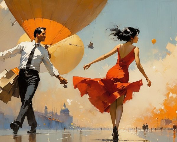 Couple Dancing on Sunlit Street with Hot Air Balloons
