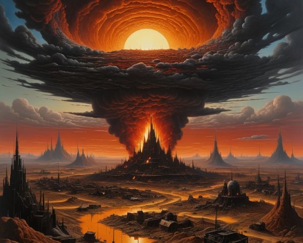Surreal Apocalyptic Landscape with Dark Fortress and River