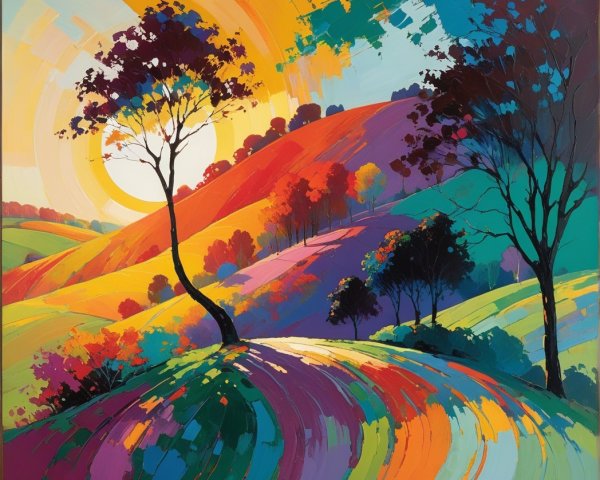 Vibrant Abstract Landscape with Colorful Hills and Sun