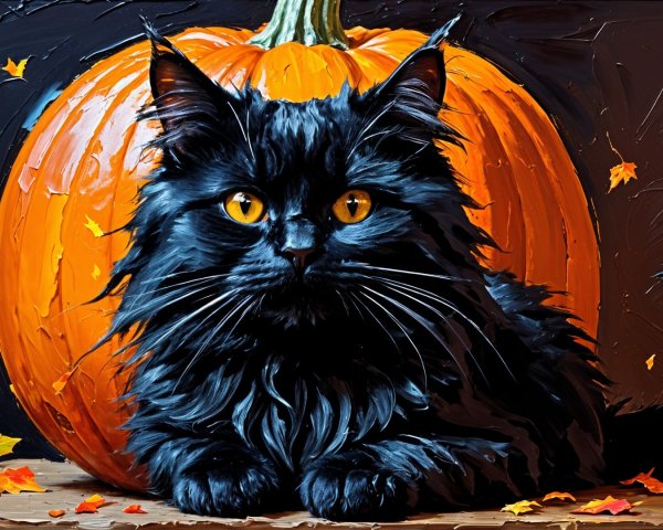Black Cat with Orange Eyes and Pumpkin in Autumn Scene