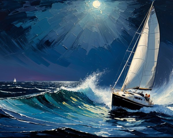 Seascape of Sailboat Navigating Moonlit Waves