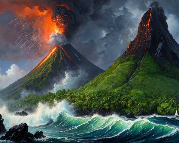 Dramatic landscape with erupting volcanoes and storm clouds