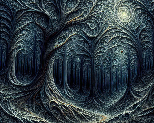 Surreal Forest Scene with Fractal Trees and Glow
