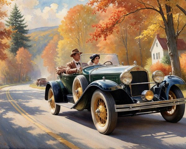 Vintage Car Drive Through Autumn Landscape Painting