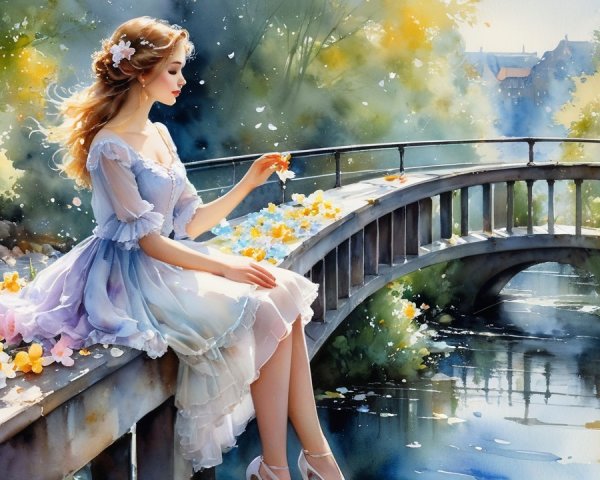 Watercolor Scene of Woman on Bridge with Flowers
