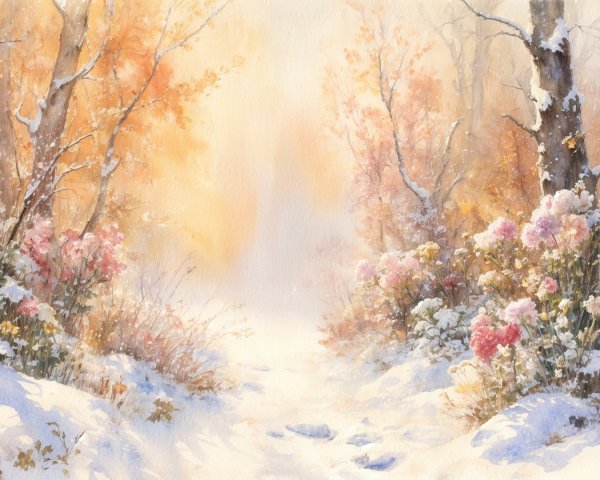 Serene Winter Scene with Snow and Colorful Leaves