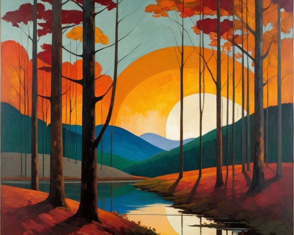 Serene sunset landscape with rolling hills and trees