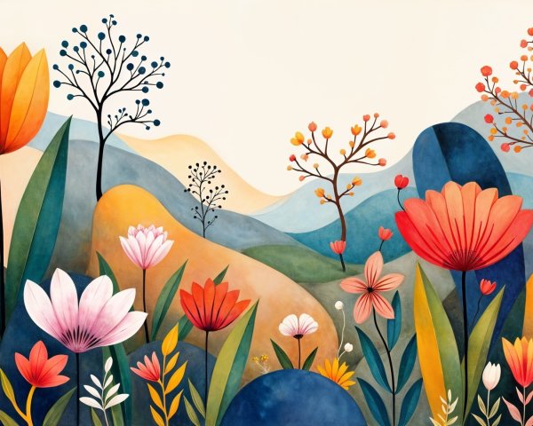 Colorful Landscape with Stylized Flowers and Hills