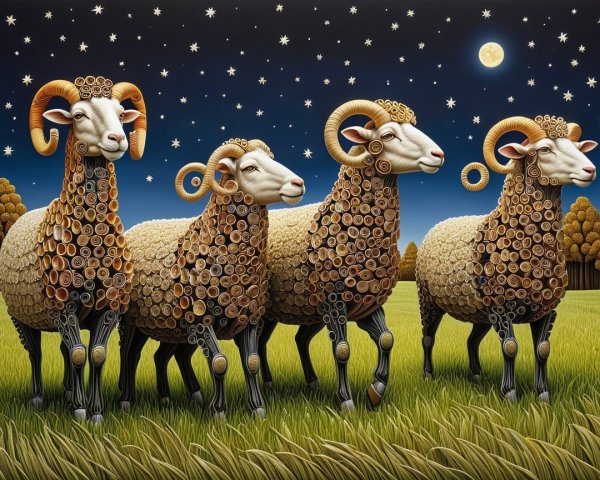 Whimsical Night Scene with Stylized Sheep in Field