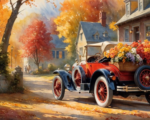 Vintage Car Surrounded by Autumn Trees and Flowers